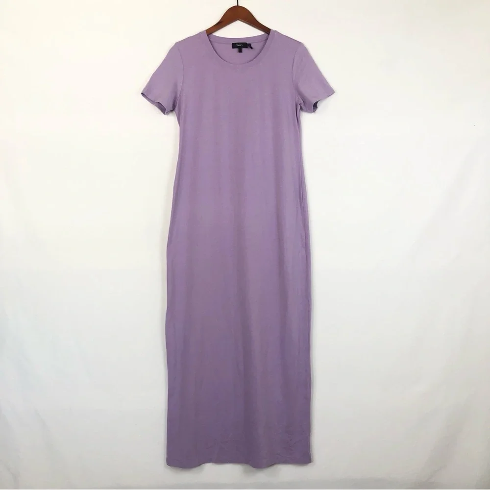 Theory Cherryal Lavender Maxi Dress Short‎ Sleeve Side Slit Jersey Size L